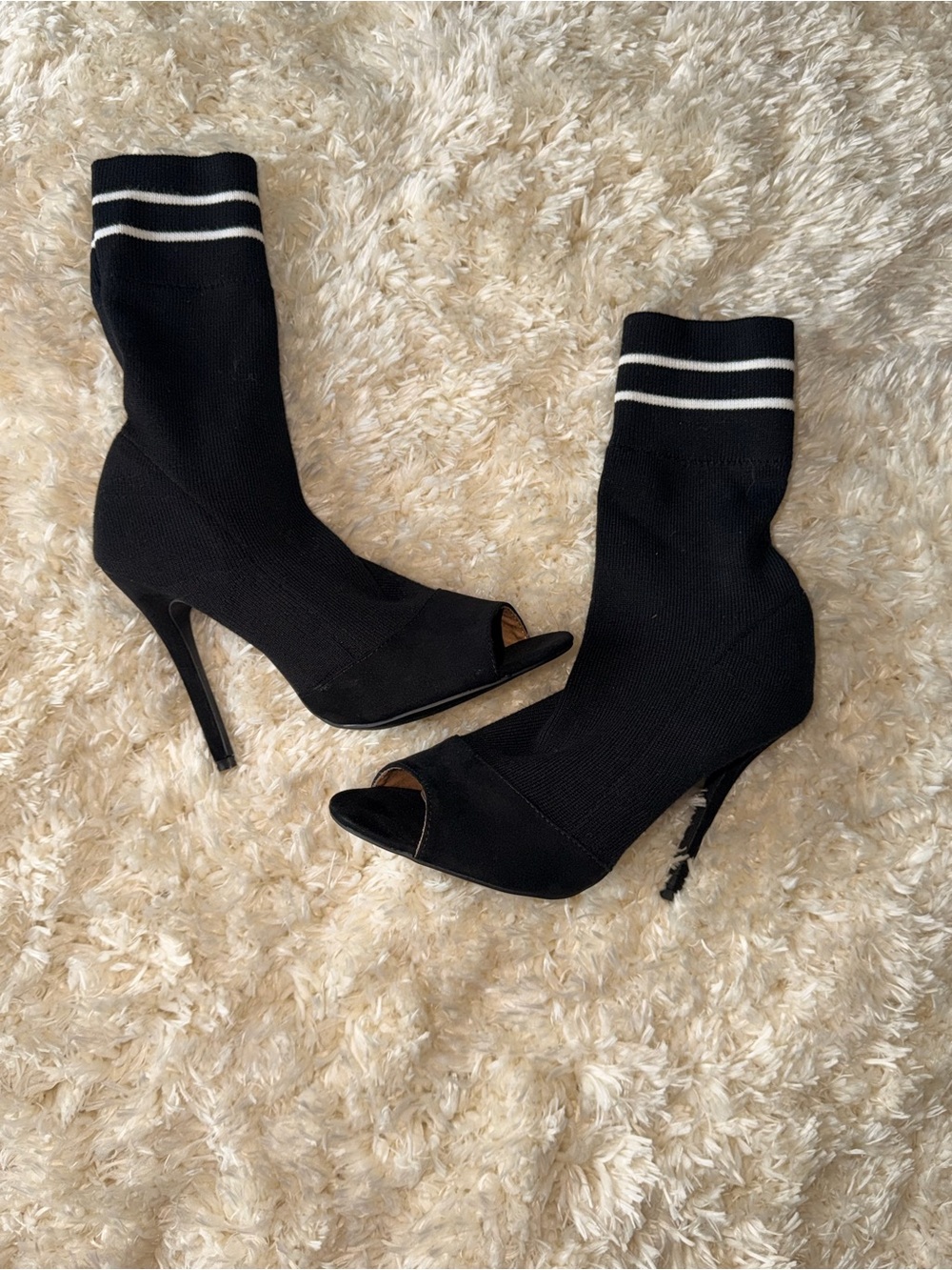 Black Peep-Toe Sock Booties with White Stripe - Women's High Heels
